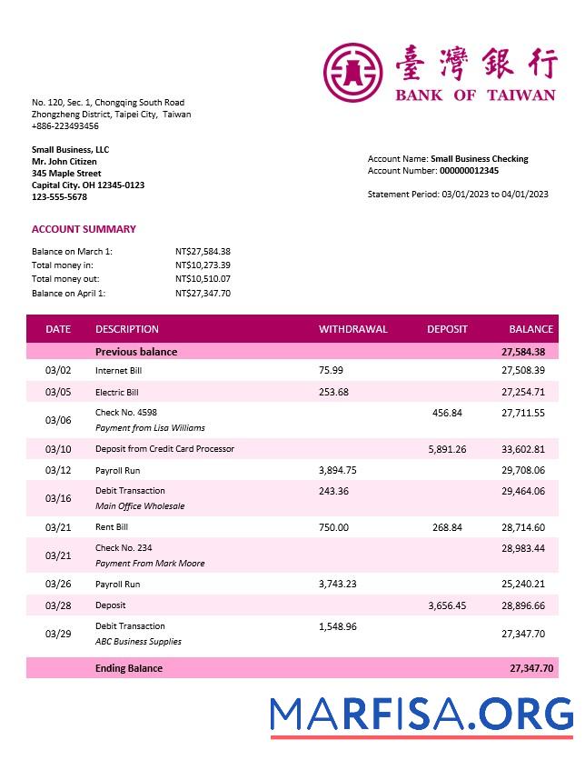 Realistic Bank of Taiwan company checking account statement Word and PDF template